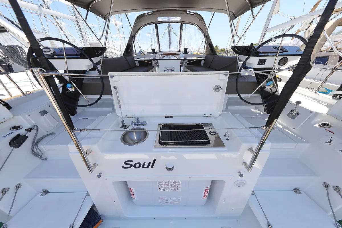 Deck of Funk, a Dufour 44 sailboat at Grad Vodice, Croatia