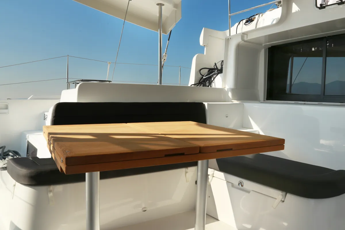 Deck of Barchetta IV, a Lagoon 46 catamaran at Preveza, Greece