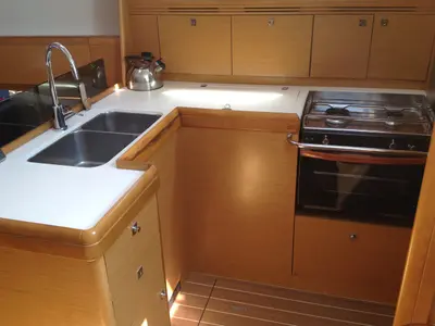 Galley of Gemini, a Jeanneau Sun Odyssey 42 i sailboat at Olbia, Italy