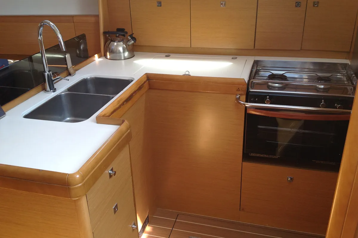 Galley of Gemini, a Jeanneau Sun Odyssey 42 i sailboat at Olbia, Italy