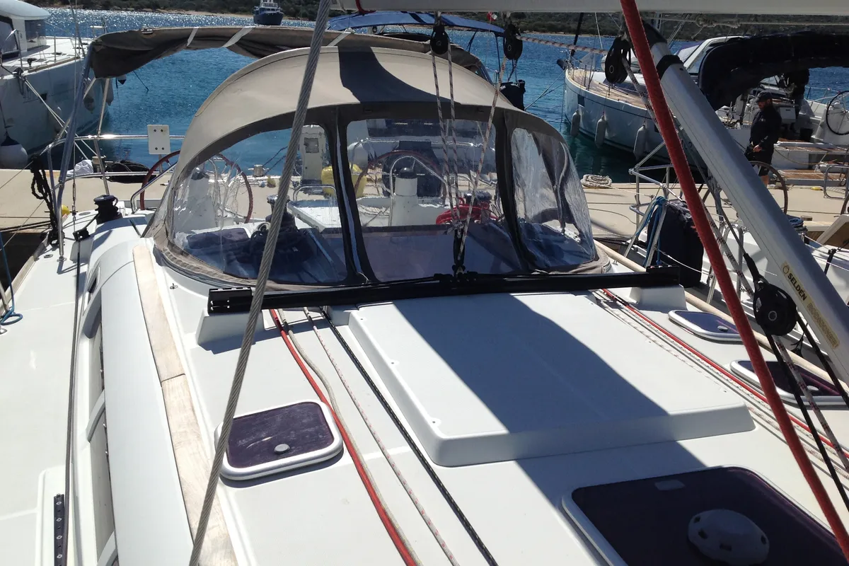 Deck of Gemini, a Jeanneau Sun Odyssey 42 i sailboat at Olbia, Italy