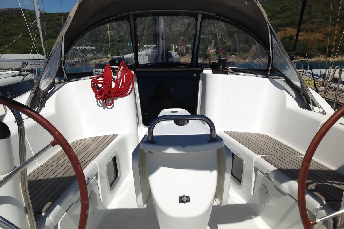 Cockpit of Gemini, a Jeanneau Sun Odyssey 42 i sailboat at Olbia, Italy