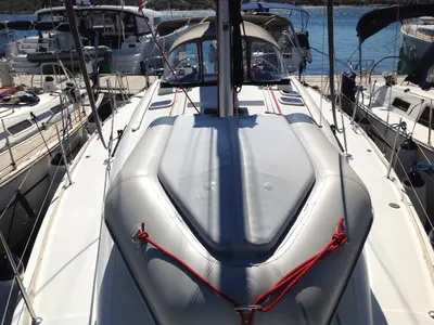 Deck of Gemini, a Jeanneau Sun Odyssey 42 i sailboat at Olbia, Italy