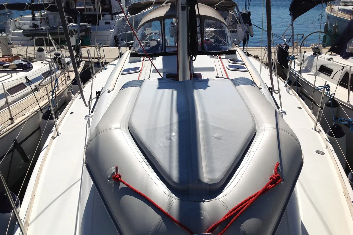 Deck of Gemini, a Jeanneau Sun Odyssey 42 i sailboat at Olbia, Italy