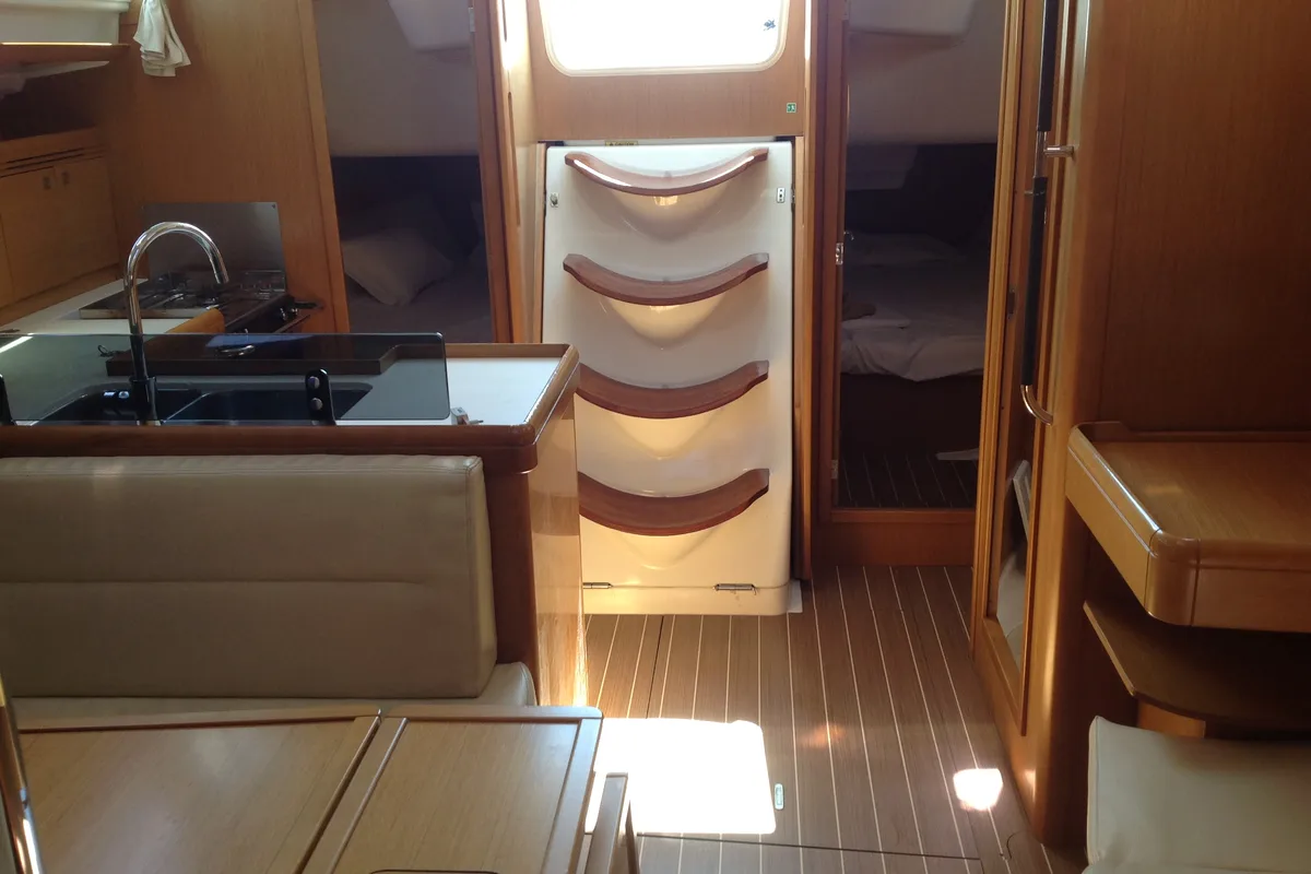 Galley of Gemini, a Jeanneau Sun Odyssey 42 i sailboat at Olbia, Italy