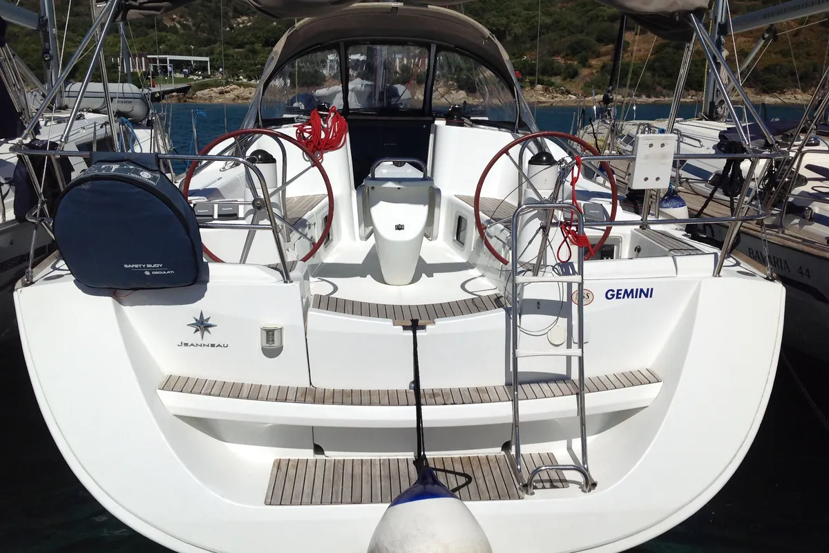 Cockpit of Gemini, a Jeanneau Sun Odyssey 42 i sailboat at Olbia, Italy