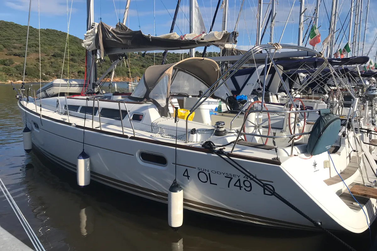 Exterior view of Gemini, a Jeanneau Sun Odyssey 42 i sailboat at Olbia, Italy