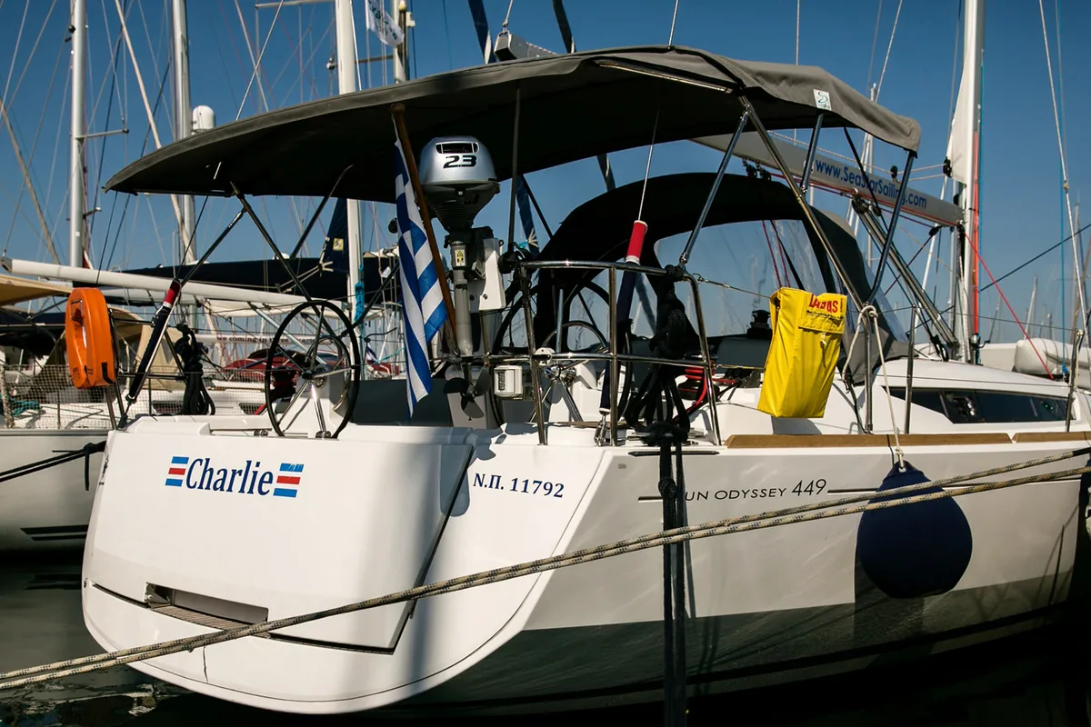 Exterior view of Charlie, a Jeanneau Sun Odyssey 449 sailboat at Athens, Greece