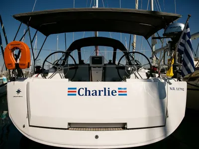 Cockpit of Charlie, a Jeanneau Sun Odyssey 449 sailboat at Athens, Greece