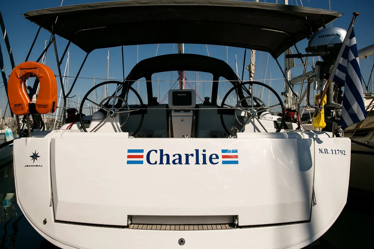 Cockpit of Charlie, a Jeanneau Sun Odyssey 449 sailboat at Athens, Greece
