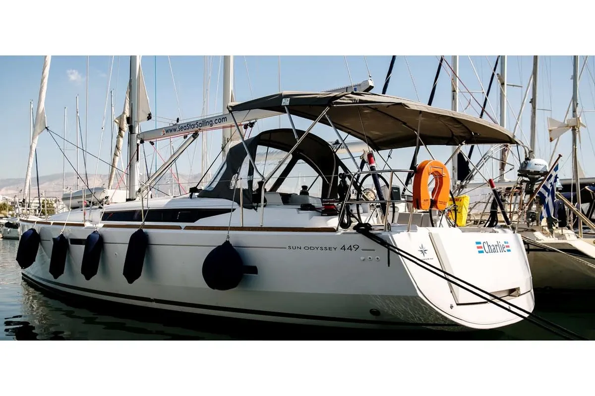 Exterior view of Charlie, a Jeanneau Sun Odyssey 449 sailboat at Athens, Greece