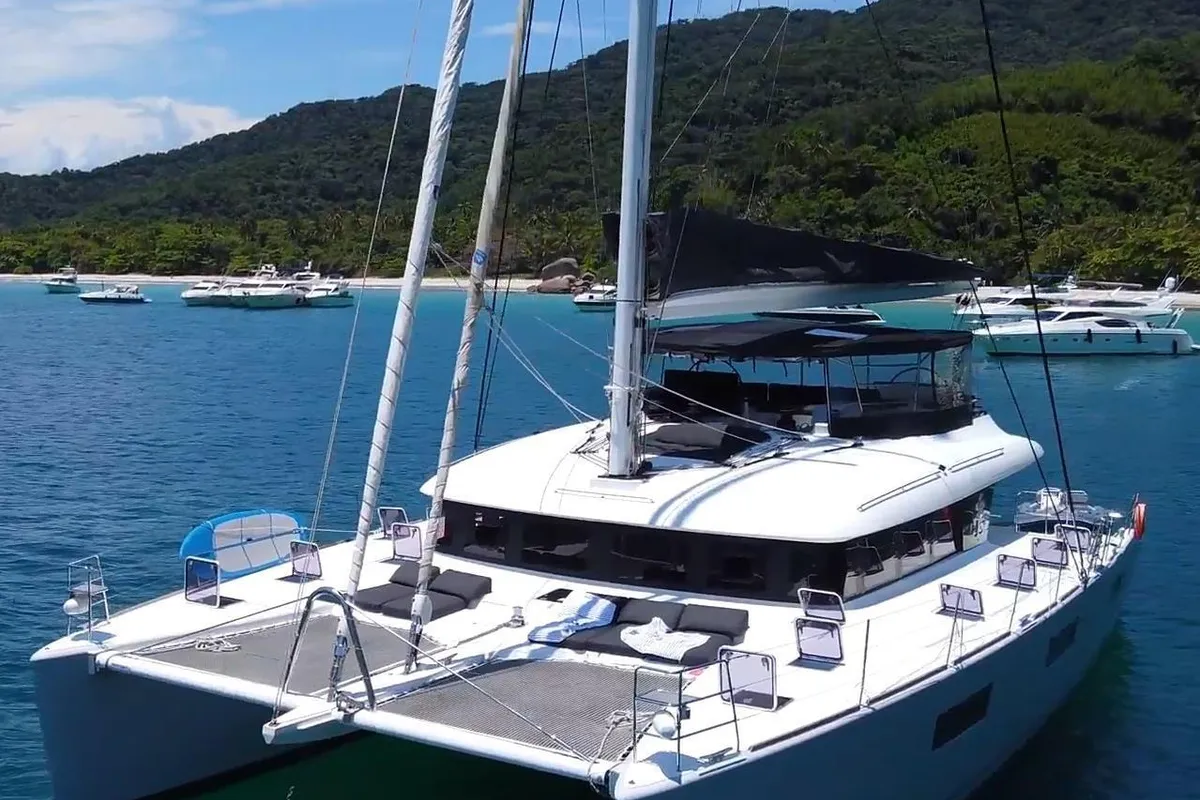 Exterior view of La Joya, a Lagoon 620 catamaran at Angra dos Reis, Brazil