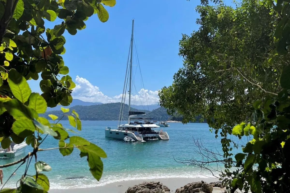 Exterior view of La Joya, a Lagoon 620 catamaran at Angra dos Reis, Brazil