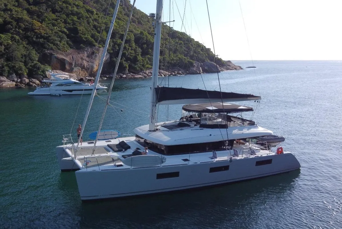 Exterior view of La Joya, a Lagoon 620 catamaran at Angra dos Reis, Brazil