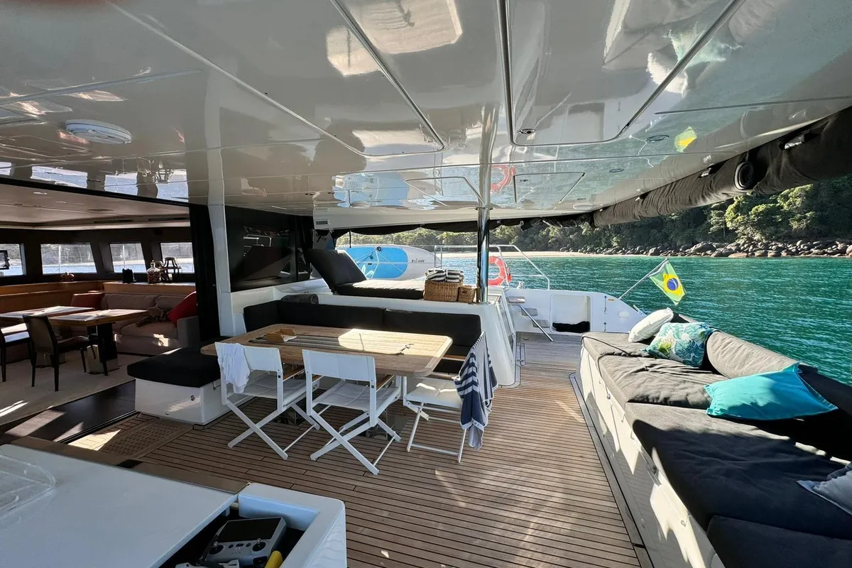 Deck of La Joya, a Lagoon 620 catamaran at Angra dos Reis, Brazil