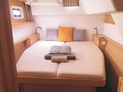 Cabin on Azraq, a Lagoon 450 F catamaran at Athens, Greece