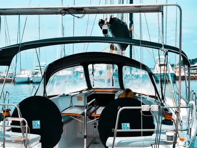 Cockpit of Godspeed, a Dufour 385 Grand Large sailboat at Sami, Greece