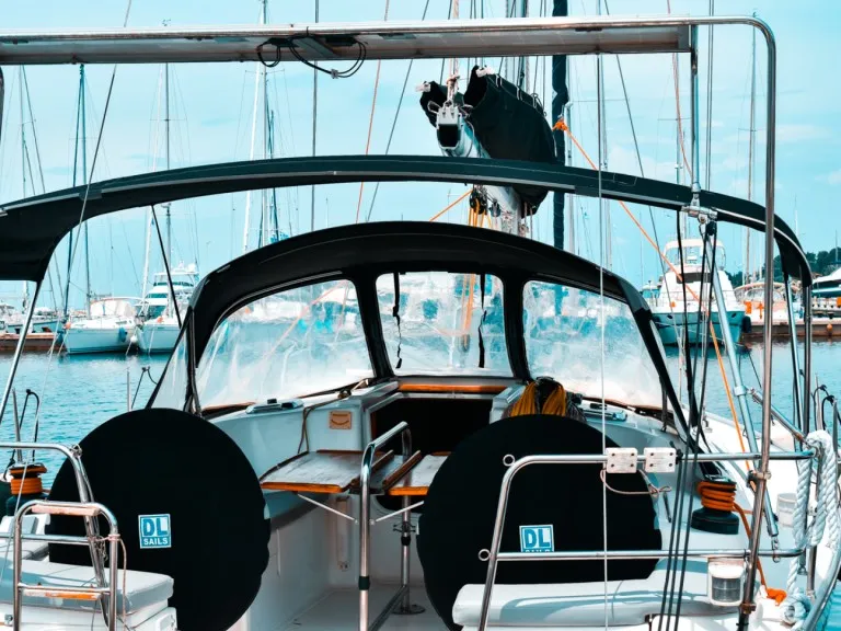 Cockpit of Godspeed, a Dufour 385 Grand Large sailboat at Sami, Greece