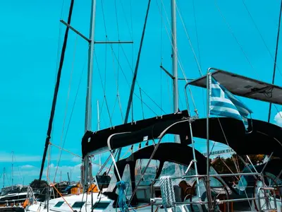 Deck of Godspeed, a Dufour 385 Grand Large sailboat at Sami, Greece