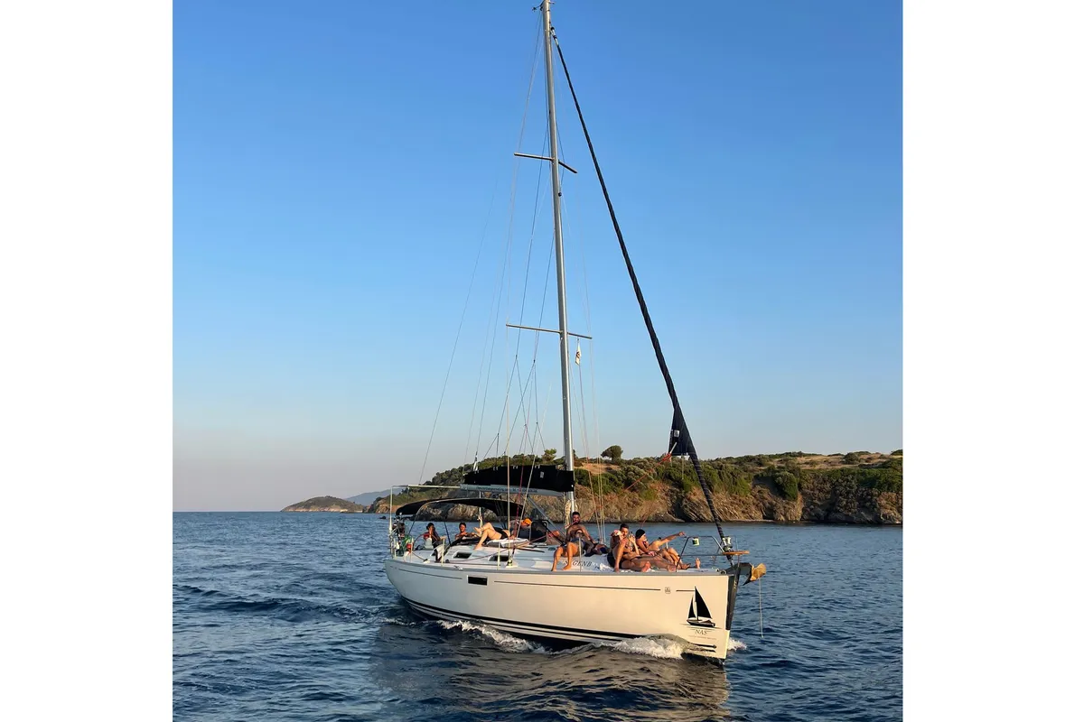 Exterior view of Godspeed, a Dufour 385 Grand Large sailboat at Sami, Greece