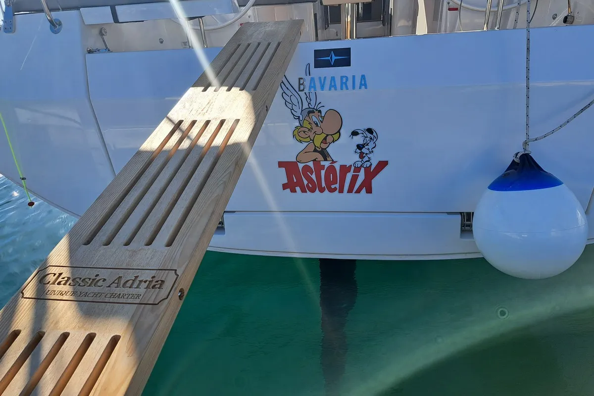 Exterior view of Asterix, a Bavaria C38 sailboat at Zadar, Croatia