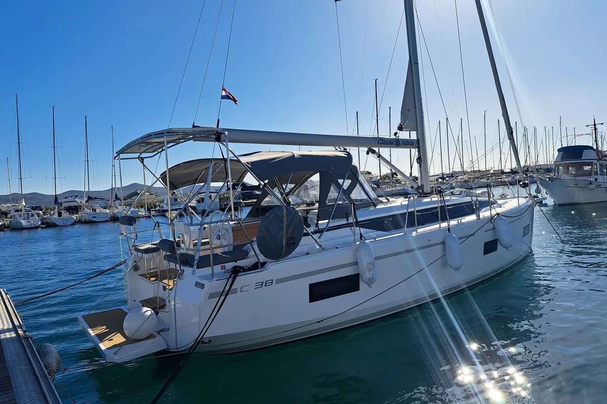 Exterior view of Asterix, a Bavaria C38 sailboat at Zadar, Croatia