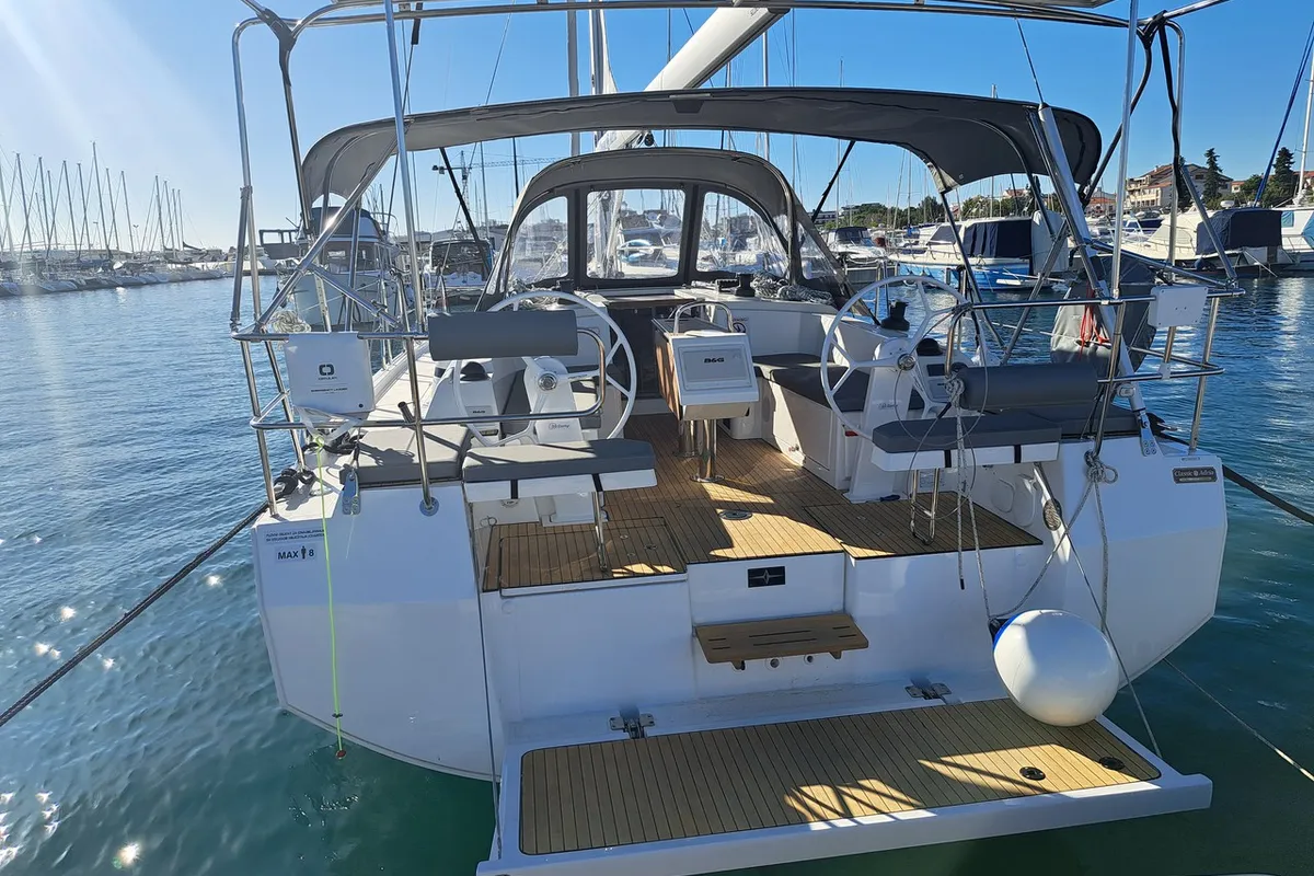 Exterior view of Asterix, a Bavaria C38 sailboat at Zadar, Croatia