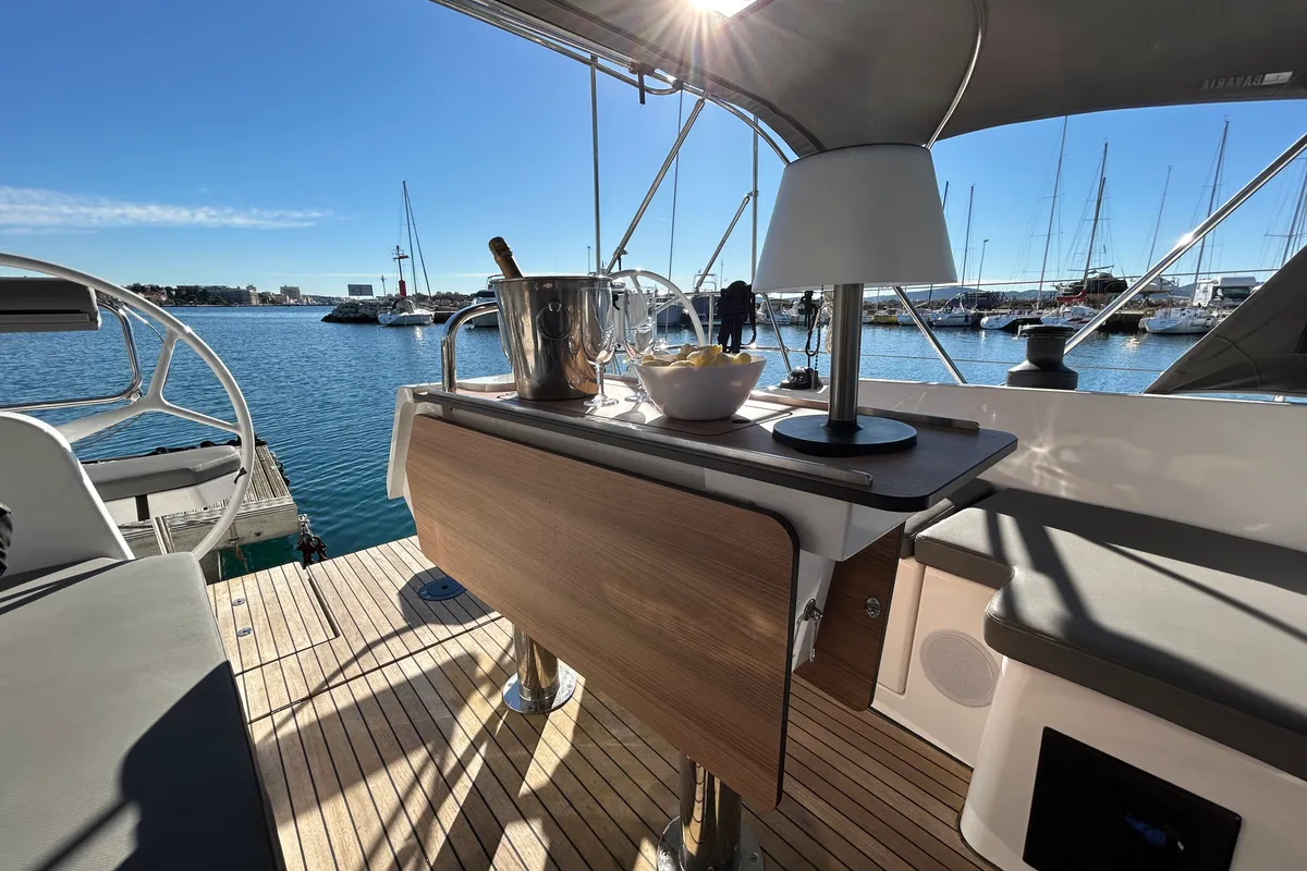 Deck of Asterix, a Bavaria C38 sailboat at Zadar, Croatia
