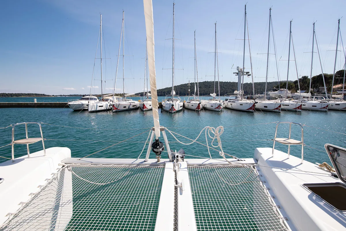 Exterior view of Mare Negroni, a Lagoon 40 catamaran at Općina Medulin, Croatia