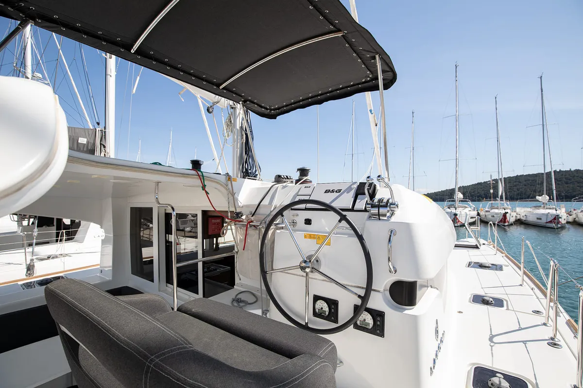 Cockpit of Mare Negroni, a Lagoon 40 catamaran at Općina Medulin, Croatia