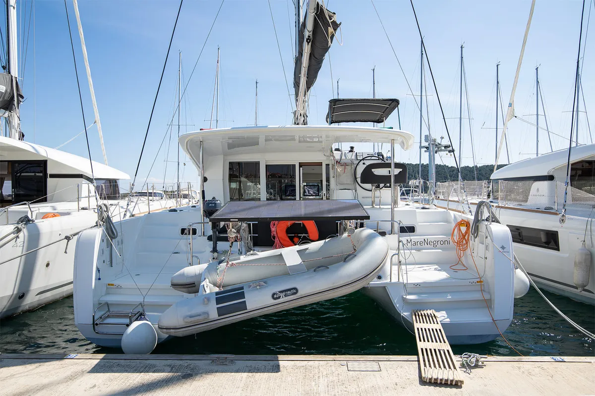Exterior view of Mare Negroni, a Lagoon 40 catamaran at Općina Medulin, Croatia