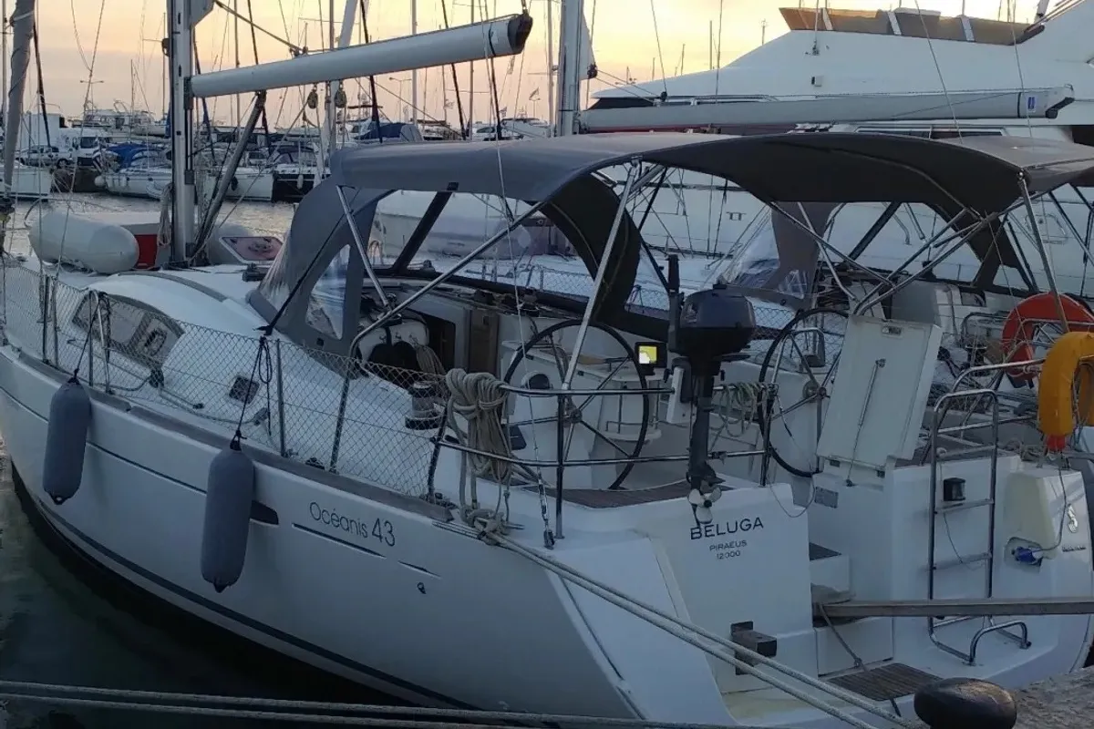 Exterior view of BELUGA REBUILT 218, a Beneteau Oceanis 43 sailboat at Municipal Unit of Elefsina, Greece