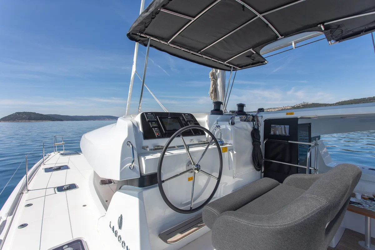 Cockpit of Gioia, a Lagoon 42 catamaran at Općina Rogoznica, Croatia