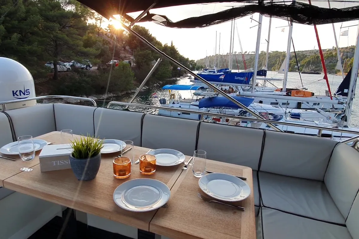 Deck of Sundowner, a Beneteau Monte Carlo 5 motorboat at Grad Trogir, Croatia