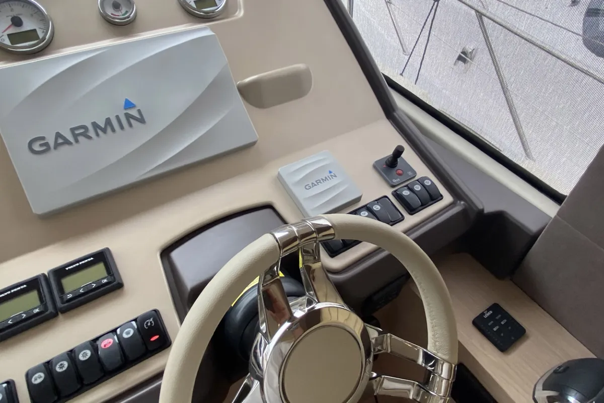 Cockpit of Sundowner, a Beneteau Monte Carlo 5 motorboat at Grad Trogir, Croatia
