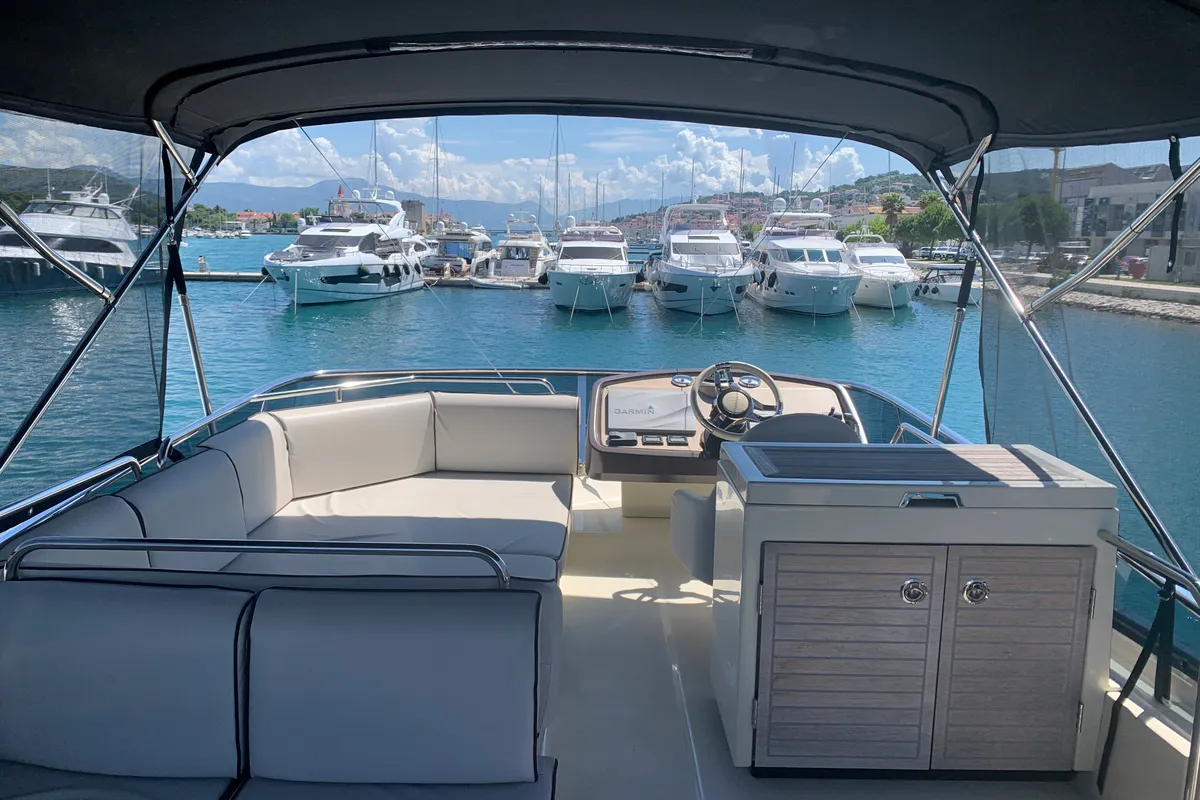 Deck of Sundowner, a Beneteau Monte Carlo 5 motorboat at Grad Trogir, Croatia