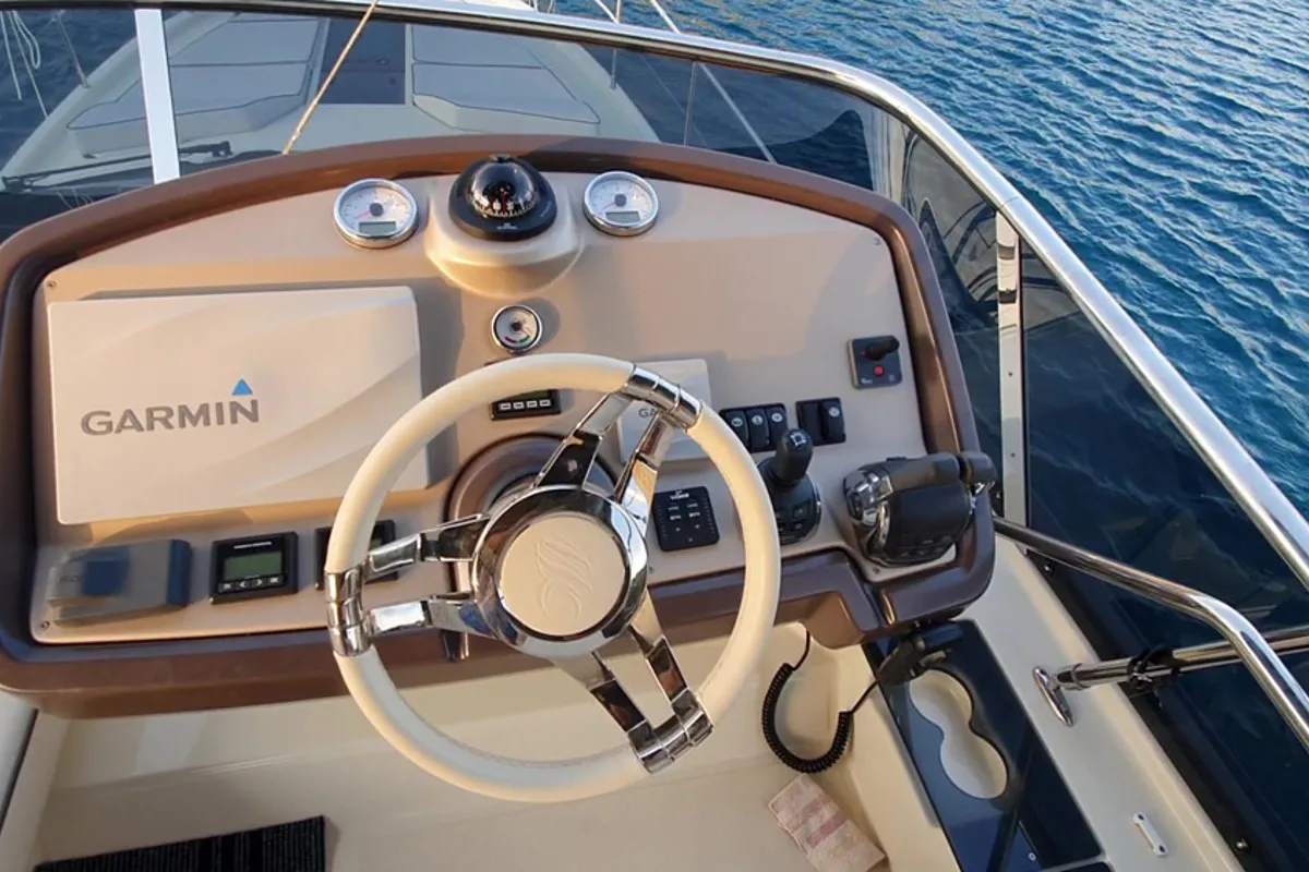 Cockpit of Sundowner, a Beneteau Monte Carlo 5 motorboat at Grad Trogir, Croatia