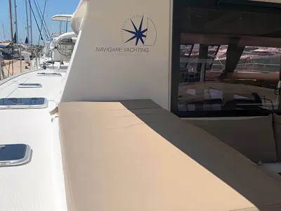 Cockpit of Lingaro, a Fountaine Pajot Saba 50 catamaran at Athens, Greece