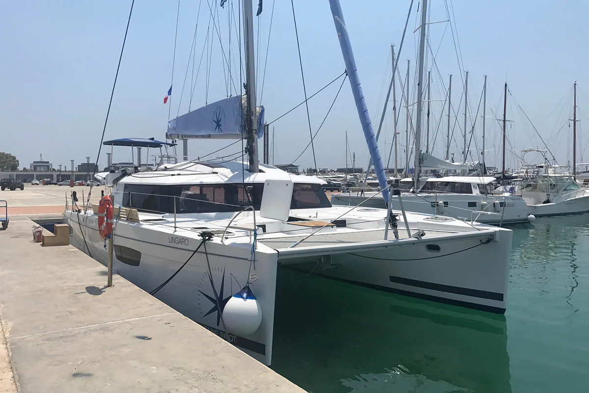 Lingaro, a Fountaine Pajot Saba 50 catamaran at Athens, Greece