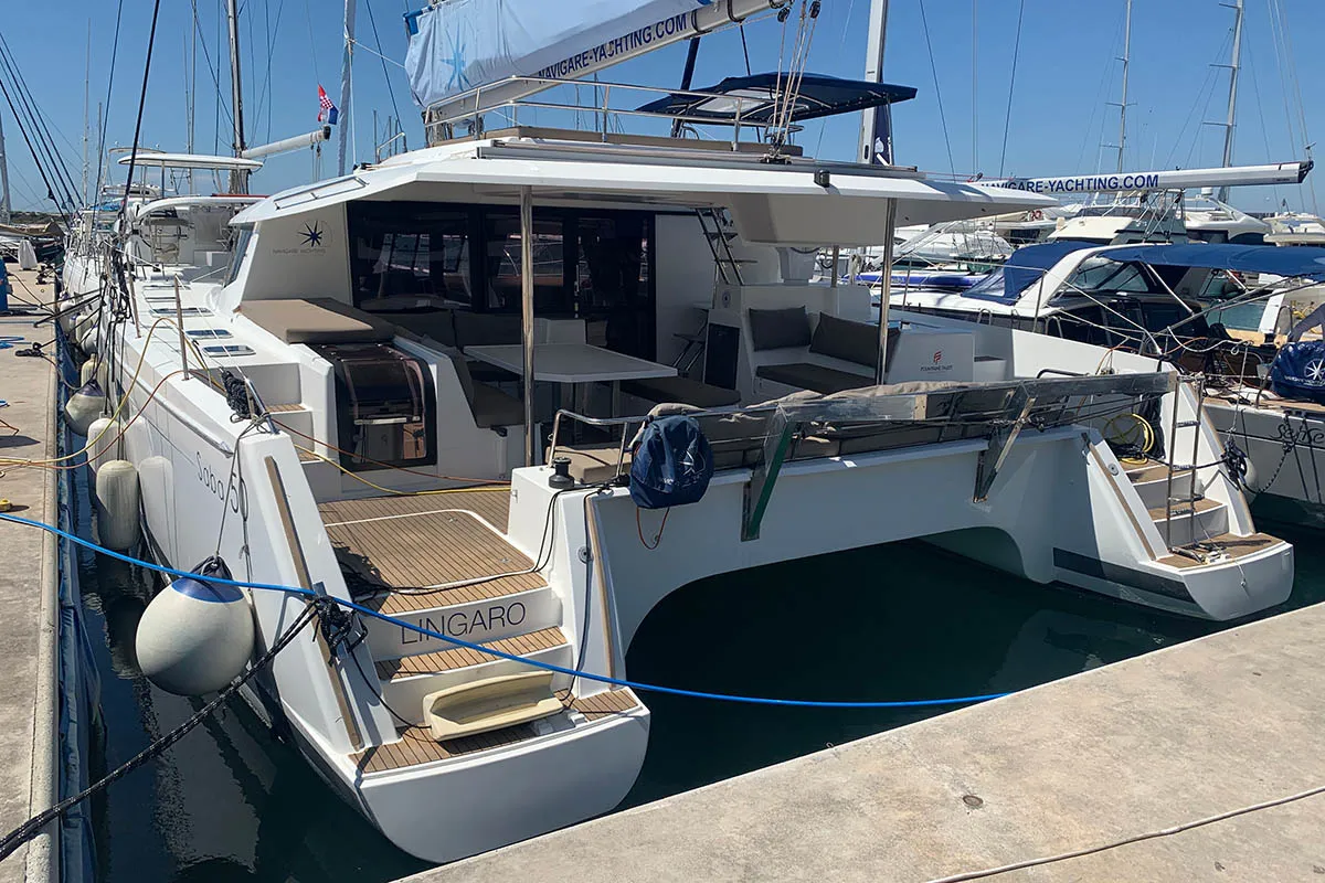 Lingaro, a Fountaine Pajot Saba 50 catamaran at Athens, Greece
