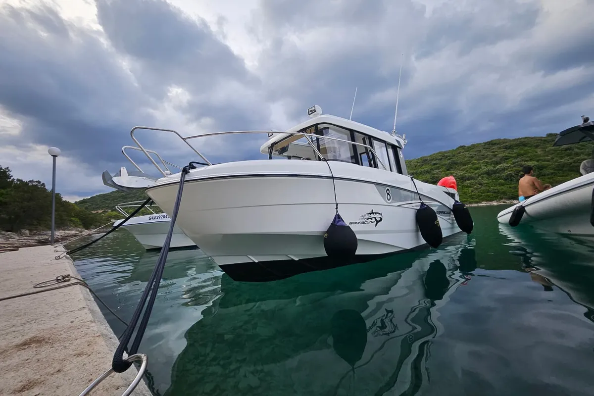 Exterior view of Whisper, a Beneteau Barracuda 8 motorboat at Split, Croatia