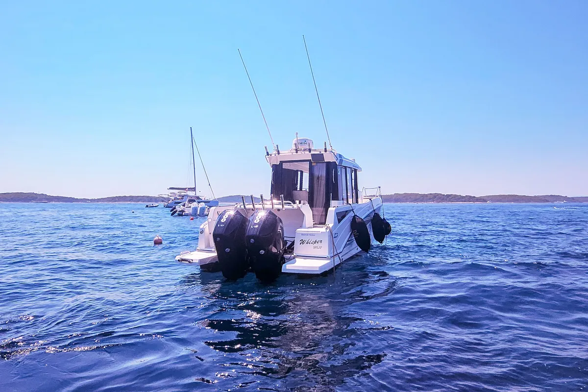 Exterior view of Whisper, a Beneteau Barracuda 8 motorboat at Split, Croatia