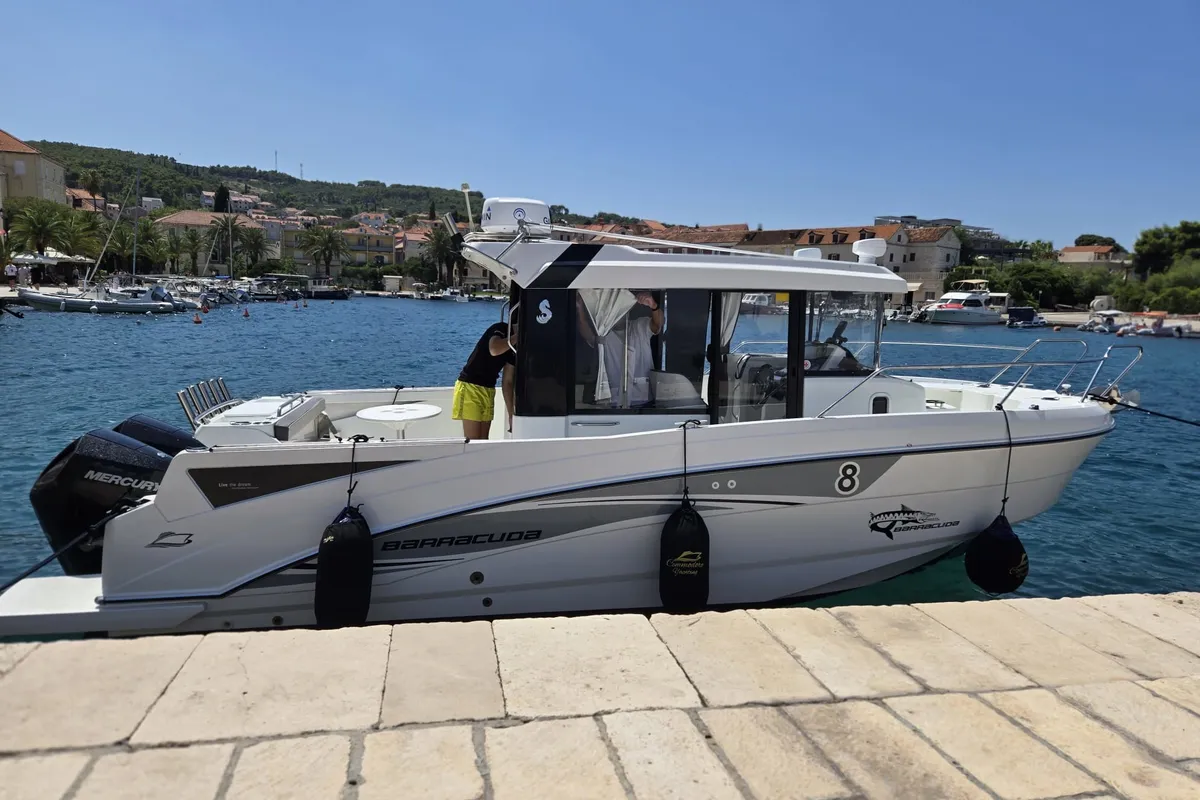 Exterior view of Whisper, a Beneteau Barracuda 8 motorboat at Split, Croatia