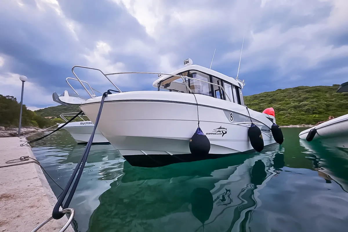 Exterior view of Whisper, a Beneteau Barracuda 8 motorboat at Split, Croatia