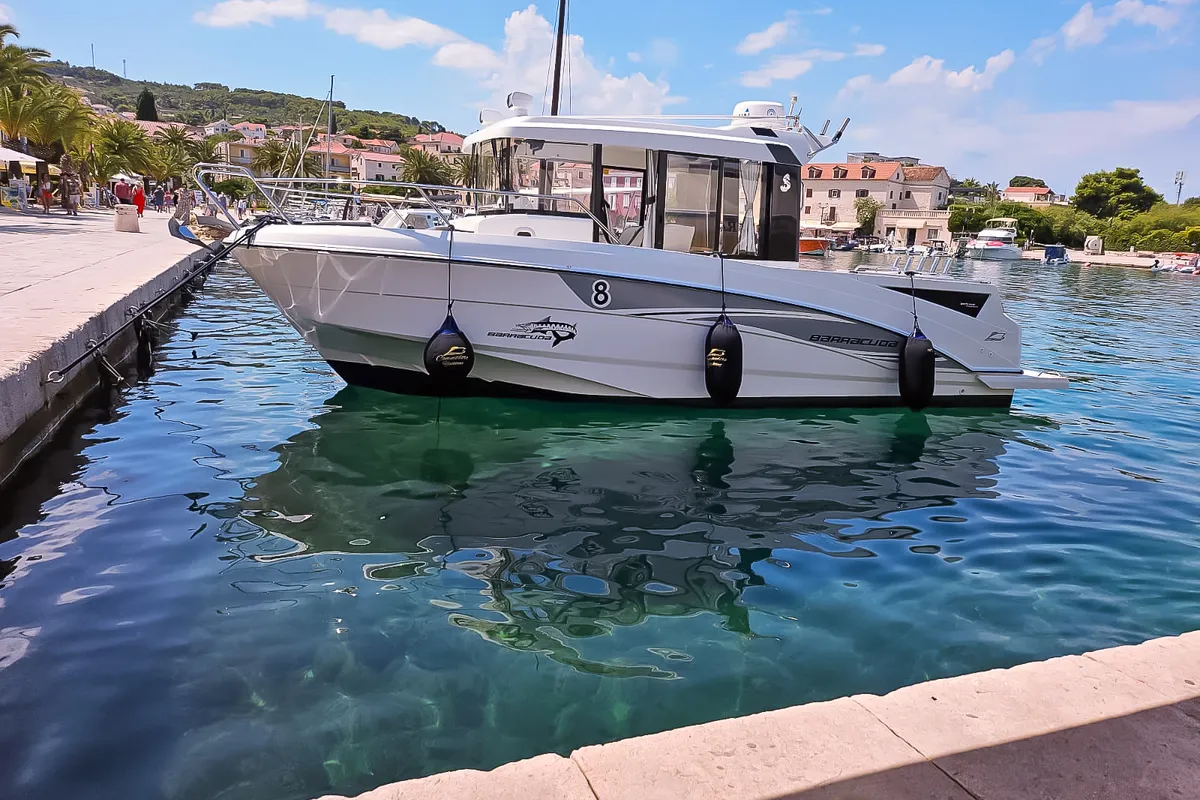 Exterior view of Whisper, a Beneteau Barracuda 8 motorboat at Split, Croatia