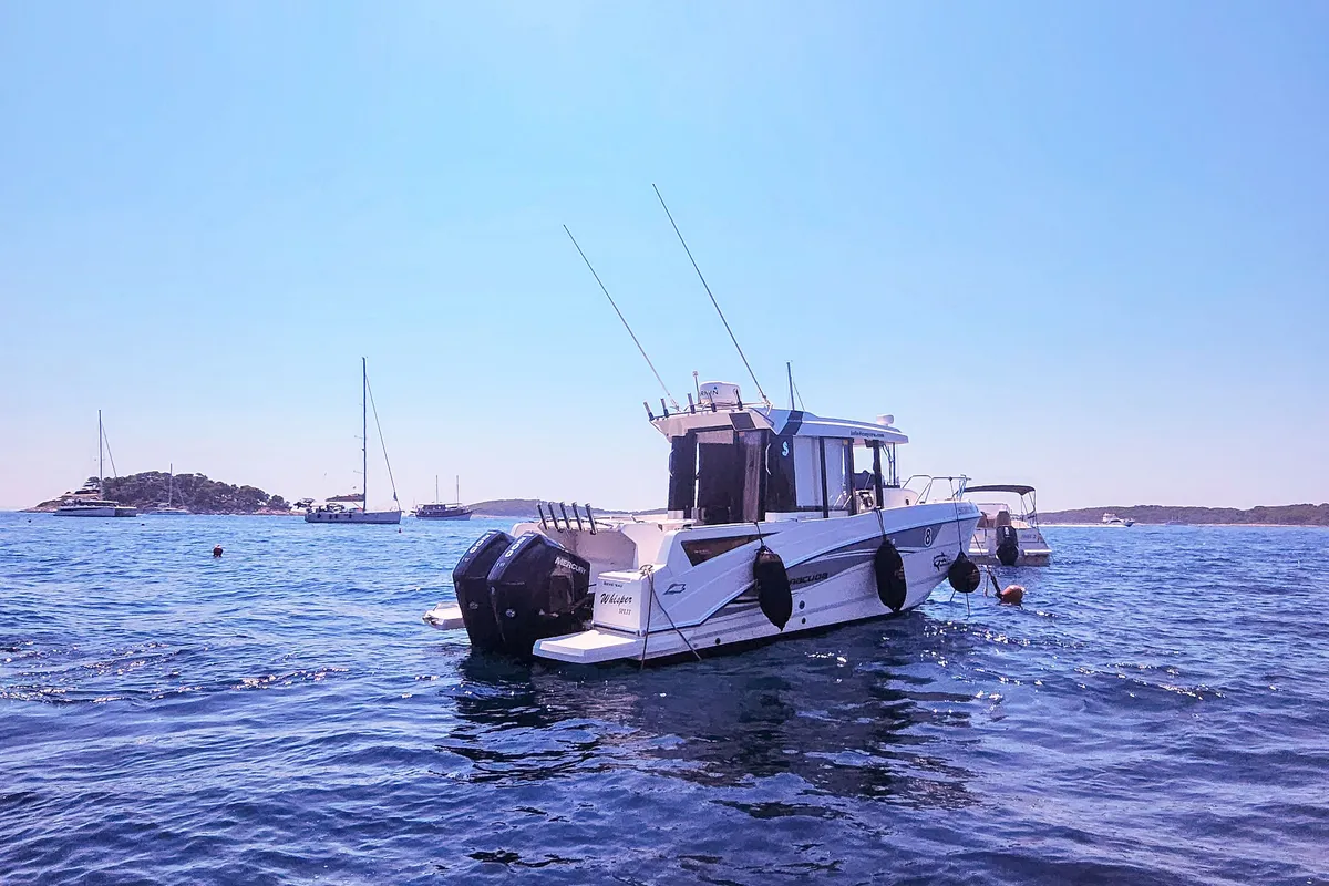 Exterior view of Whisper, a Beneteau Barracuda 8 motorboat at Split, Croatia
