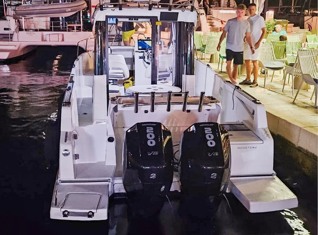 Exterior view of Whisper, a Beneteau Barracuda 8 motorboat at Split, Croatia