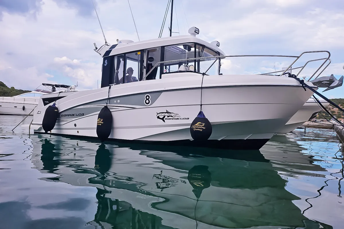Exterior view of Whisper, a Beneteau Barracuda 8 motorboat at Split, Croatia