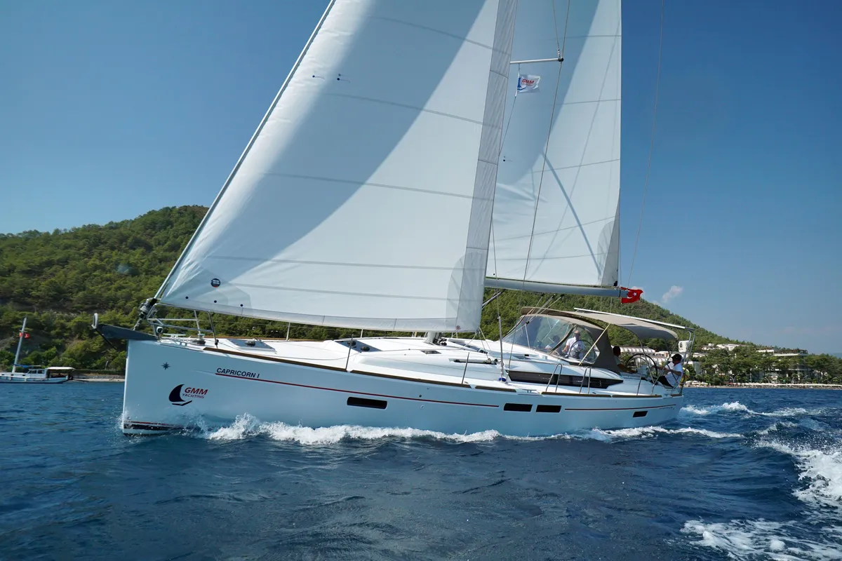 Exterior view of Capricorn, a Jeanneau Sun Odyssey 479 sailboat at Marmaris, Turkey