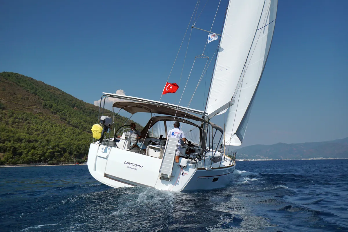 Exterior view of Capricorn, a Jeanneau Sun Odyssey 479 sailboat at Marmaris, Turkey